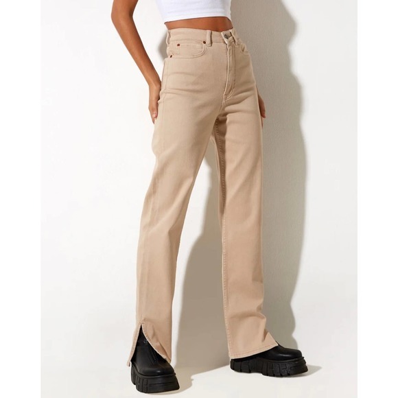 Motel Rocks Straight Leg Jeans In Winter Sandwash Knit Argyle Tan Size XS - Picture 2 of 15